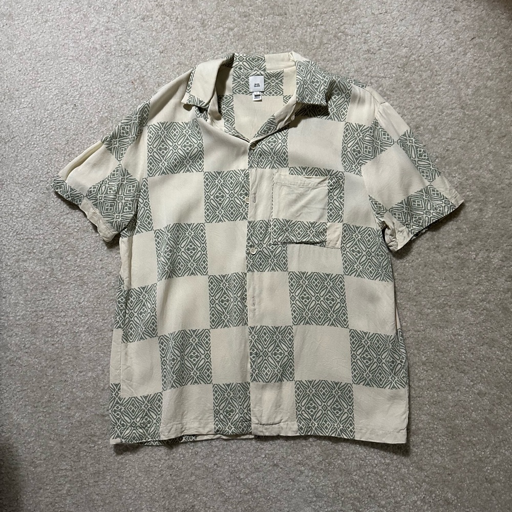 Men's Beige and Green Checkered Shirt